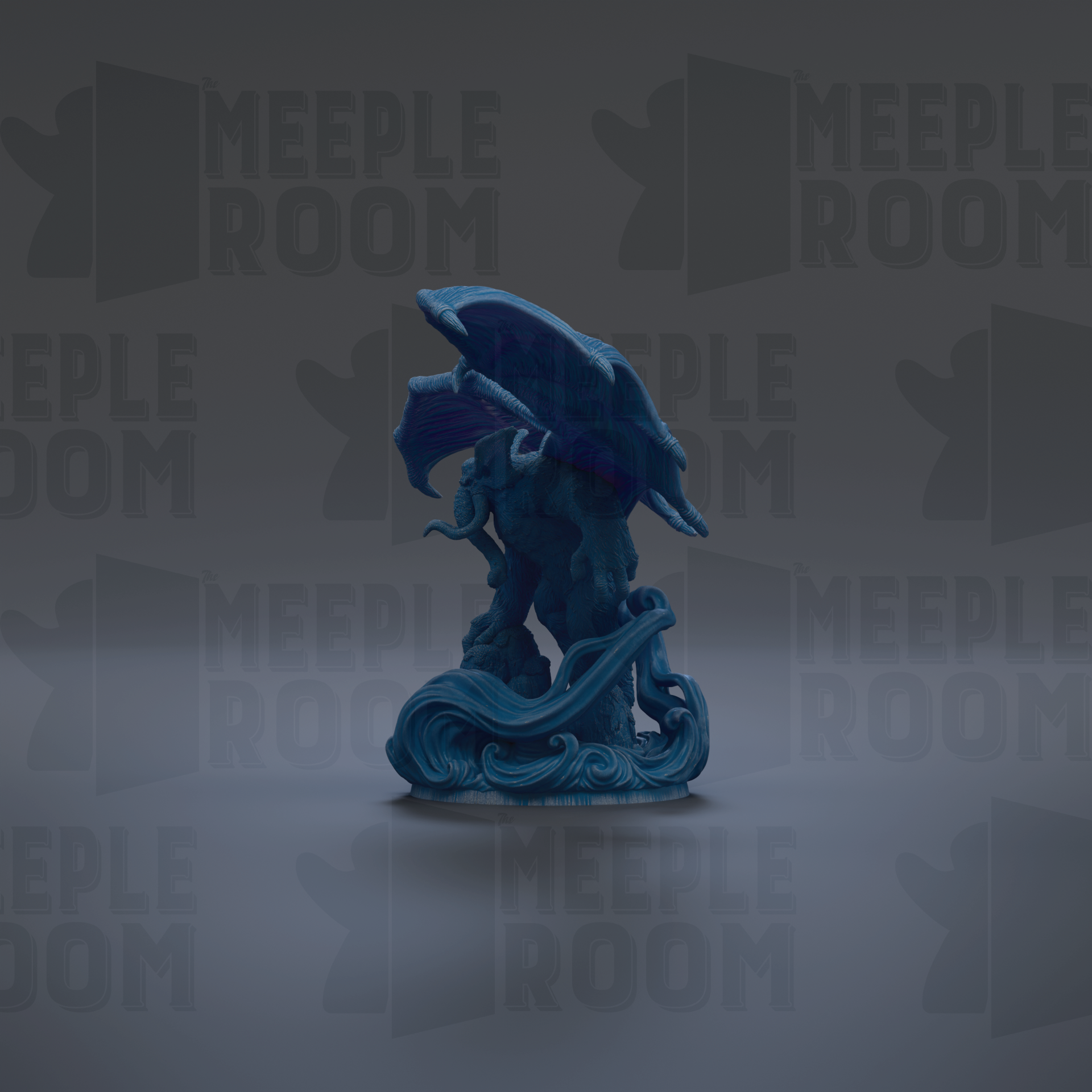 A blue dragon statue is displayed against a dark background with repeated text.