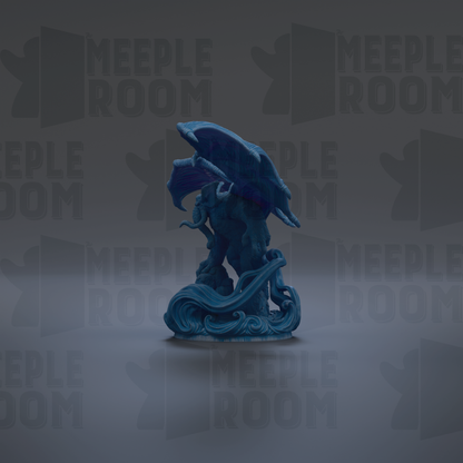 A blue dragon statue is displayed against a dark background with repeated text.