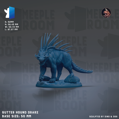 a blue, spiky-haired dragon figurine, likely a Meeple Room base size of 50mm.