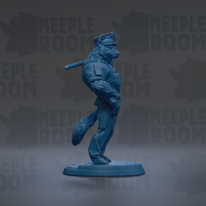 A blue statue of a police officer holding a bat, standing on a base.