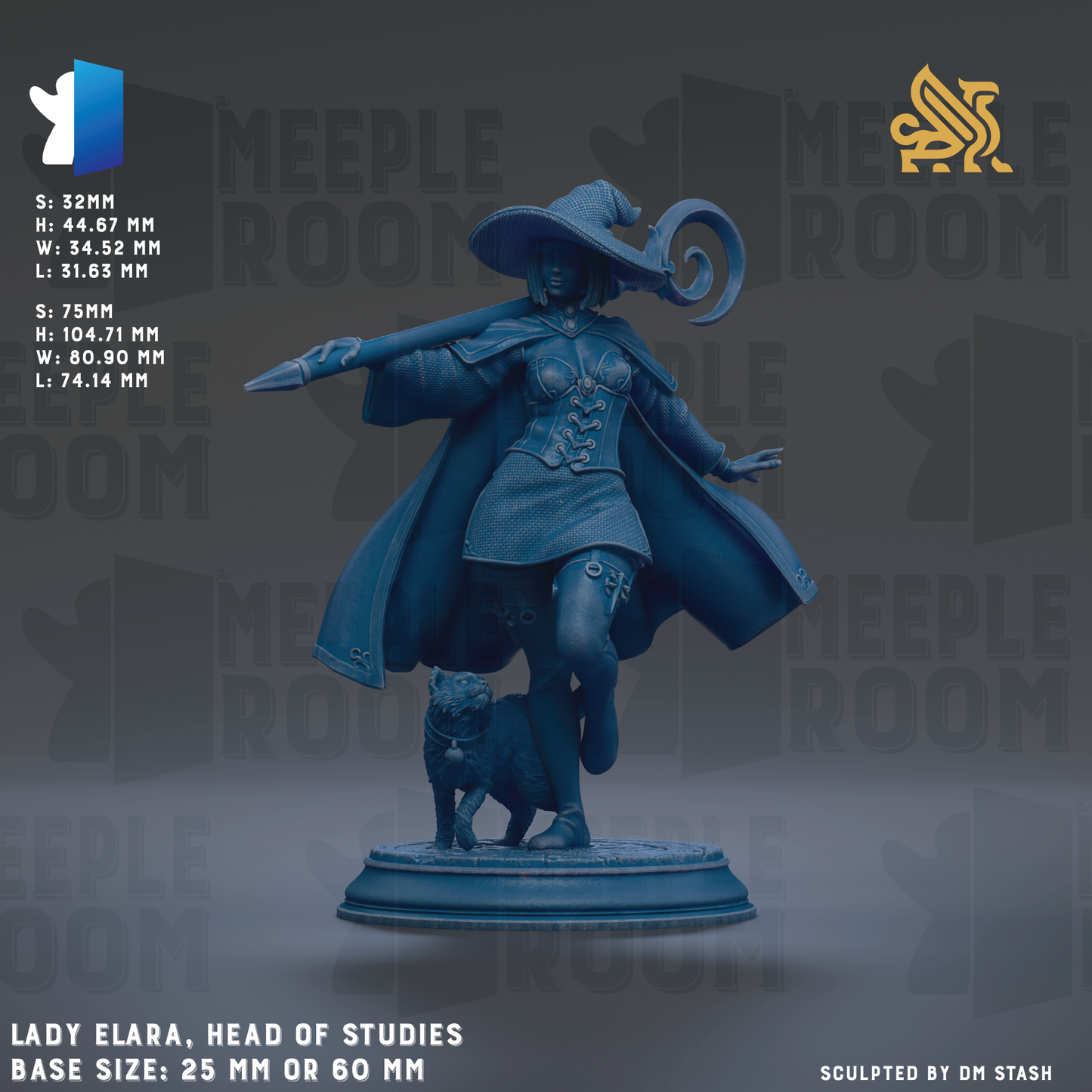 The image is a statue of a woman, likely a witch, with a dog on her feet. The statue is in a dynamic pose, with the woman holding a staff and a wand. The background of the image is dark, which contrasts with the statue and makes it stand out. The statue is described as being "head of studies" and "base sizes: 26 mm or 60 mm".