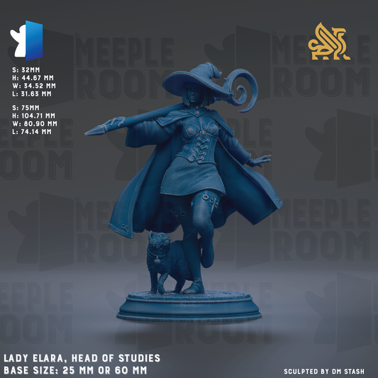 The image is a statue of a woman, likely a witch, with a dog on her feet. The statue is in a dynamic pose, with the woman holding a staff and a wand. The background of the image is dark, which contrasts with the statue and makes it stand out. The statue is described as being "head of studies" and "base sizes: 26 mm or 60 mm".