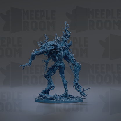 A blue, abstract, organic-looking creature resembling a tree or plant with intricate, flowing forms.