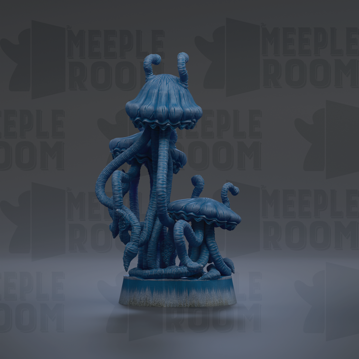 a blue, mushroom-like creature with long, curled tentacles, standing on a blue base.