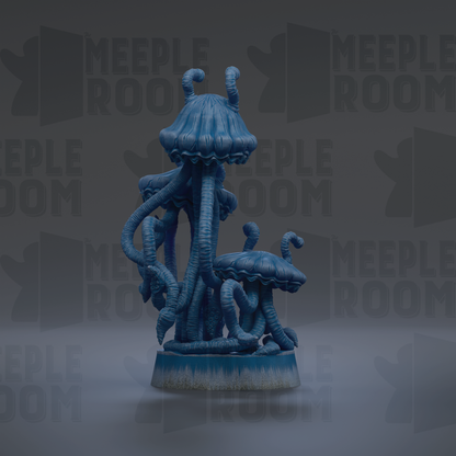 a blue, mushroom-like creature with long, curled tentacles, standing on a blue base.