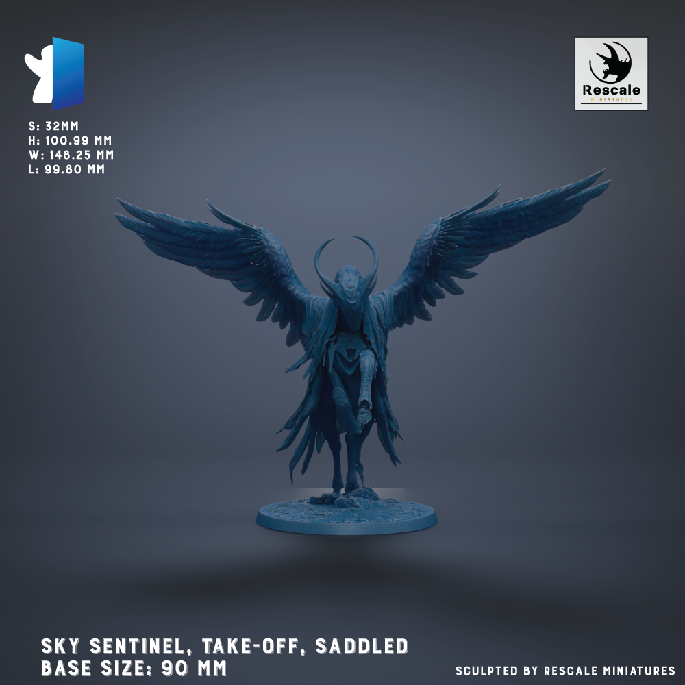 A detailed 3D model of a winged creature, likely a mythical or fantastical being, with large wings and a distinctive head shape. The creature is standing on a round base, which is described as a "SKY SENTINEL, TAKE-OFF, SADDLEED". The base sizes are 90 mm, and the image is described as a "Sculpted by RESCALE MINIATURES".