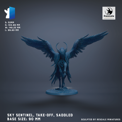 A detailed 3D model of a winged creature, likely a mythical or fantastical being, with large wings and a distinctive head shape. The creature is standing on a round base, which is described as a "SKY SENTINEL, TAKE-OFF, SADDLEED". The base sizes are 90 mm, and the image is described as a "Sculpted by RESCALE MINIATURES".