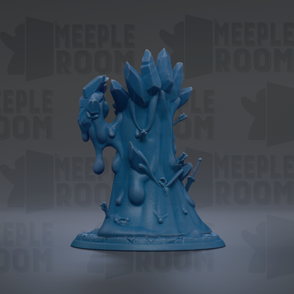 A blue, abstract sculpture with various shapes and textures, including what appear to be dripping or melting elements. The background features repeated text that reads "MEUPLE ROOM".