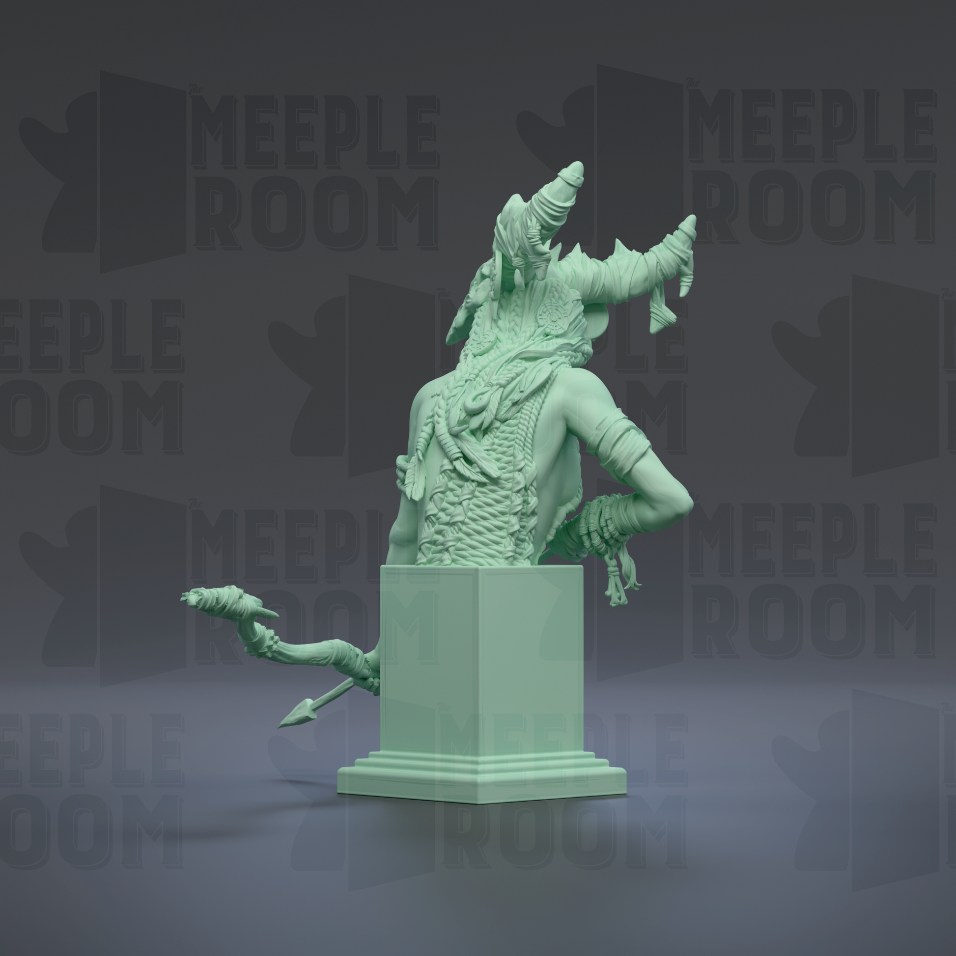 A green statue of a figure with a long neck and a pointed head, standing on a pedestal.