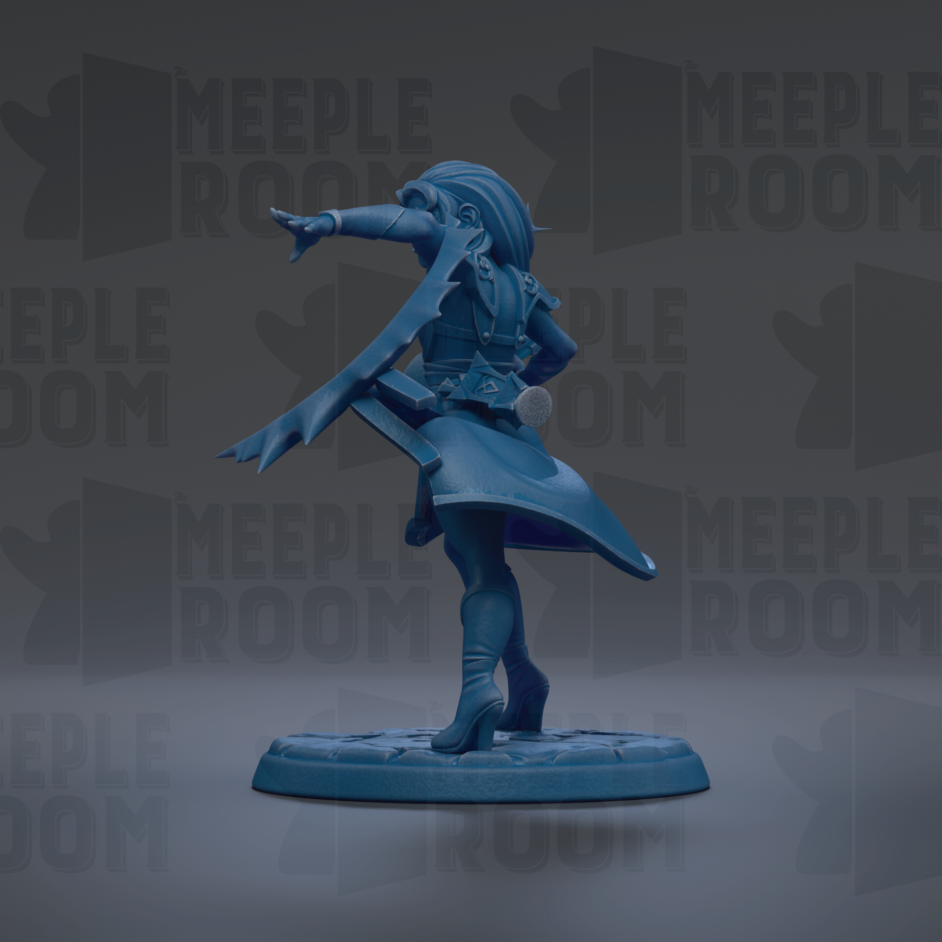 A blue figurine of a person with a flowing skirt and a pointed hat, standing on a platform and pointing with one hand.