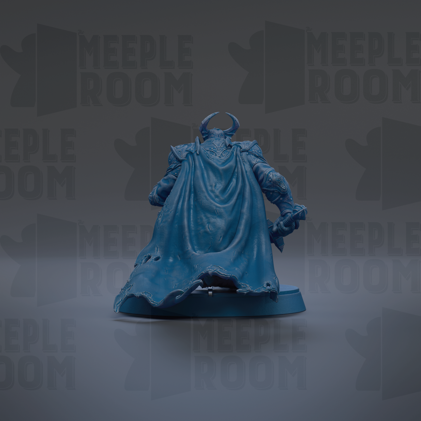 A blue figurine of a person with a cape and horns, standing against a dark background with repeated text.
