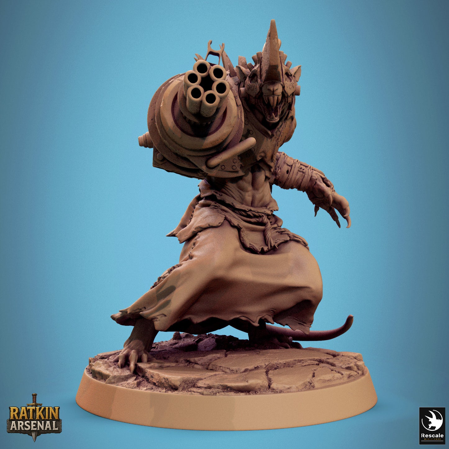 A 3D model of a character with a large gun, standing on a base against a blue background.