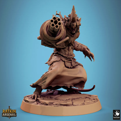 A 3D model of a character with a large gun, standing on a base against a blue background.