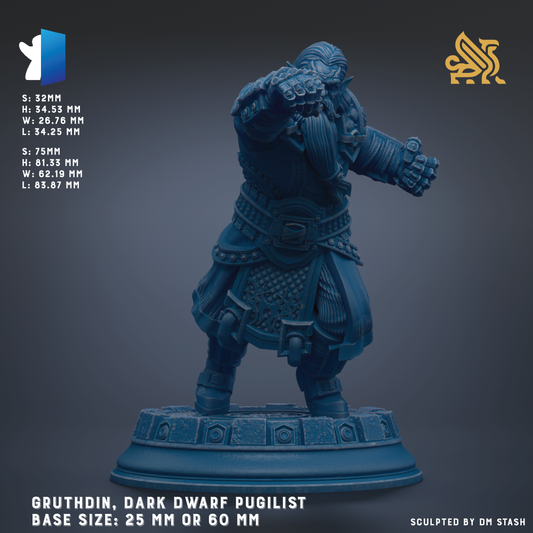 a dark dwarf pugilist figurine, with a base size of 25 mm or 60 mm.