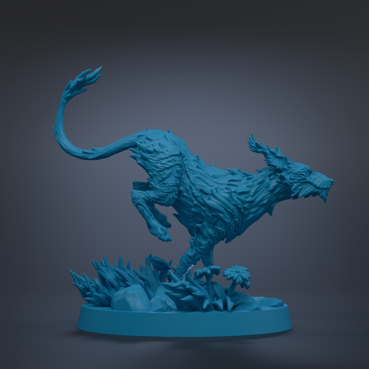 A 3D rendering of a blue, fantastical creature with a long tail and sharp teeth, standing on a base with rocks and plants.