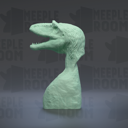 A green dinosaur head sculpture is displayed against a dark background with repeated text.
