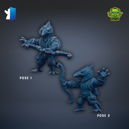 two blue fantasy creatures, possibly mythical or magical, with one holding a weapon and the other holding a staff.