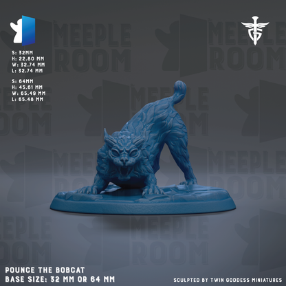 The image is a 3D rendering of a Bobcat figurine, which is a type of fantasy creature from the video game series "Meeples". The figurine is depicted in a crouching position, with its front paws resting on the ground and its head lowered. The image is labeled with the base size of the figurine, which is either 62mm or 64mm, depending on the perspective. The image is described as being sculpted by Twin Goddess Miniatures, indicating that it is a product of their design and craftsmanship.