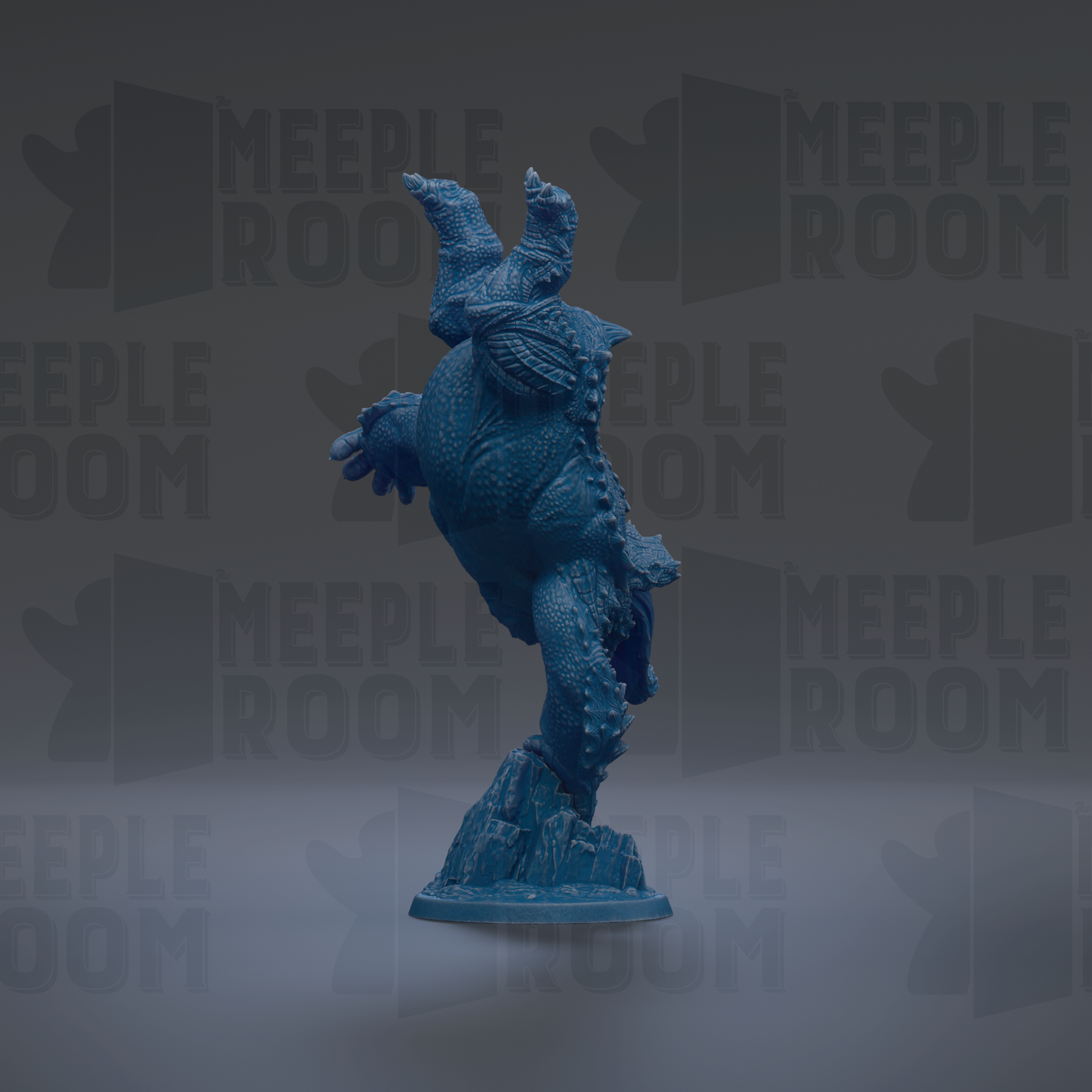 A blue, 3D-rendered statue of a fantastical creature, possibly a dragon or serpent, standing on a rock formation against a dark background with repeated text.