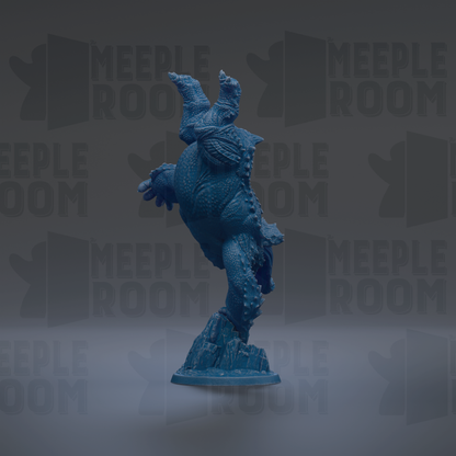 A blue, 3D-rendered statue of a fantastical creature, possibly a dragon or serpent, standing on a rock formation against a dark background with repeated text.