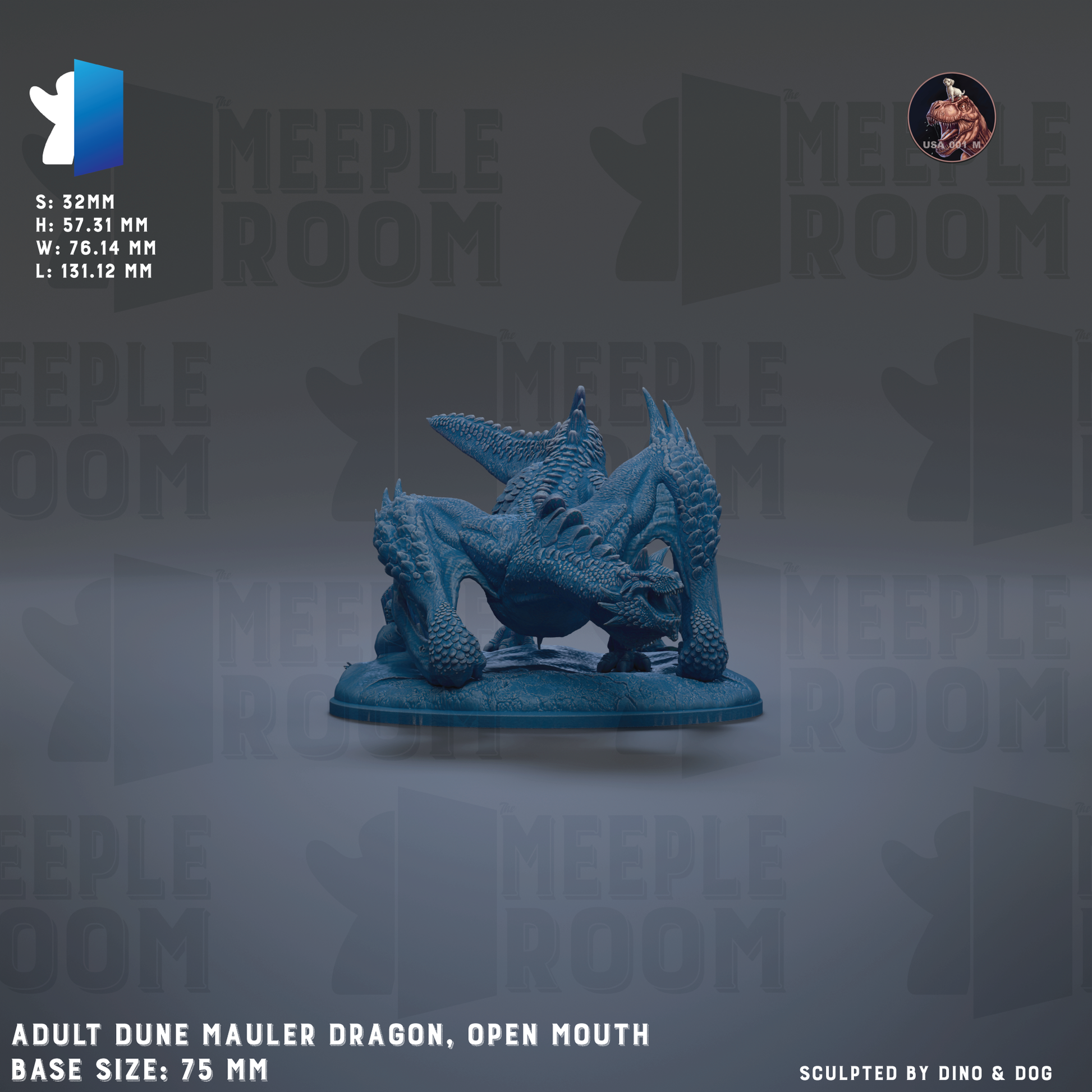 a blue, adult dune mauler dragon statue with an open mouth, displayed on a base size of 75 mm.