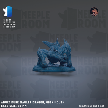a blue, adult dune mauler dragon statue with an open mouth, displayed on a base size of 75 mm.