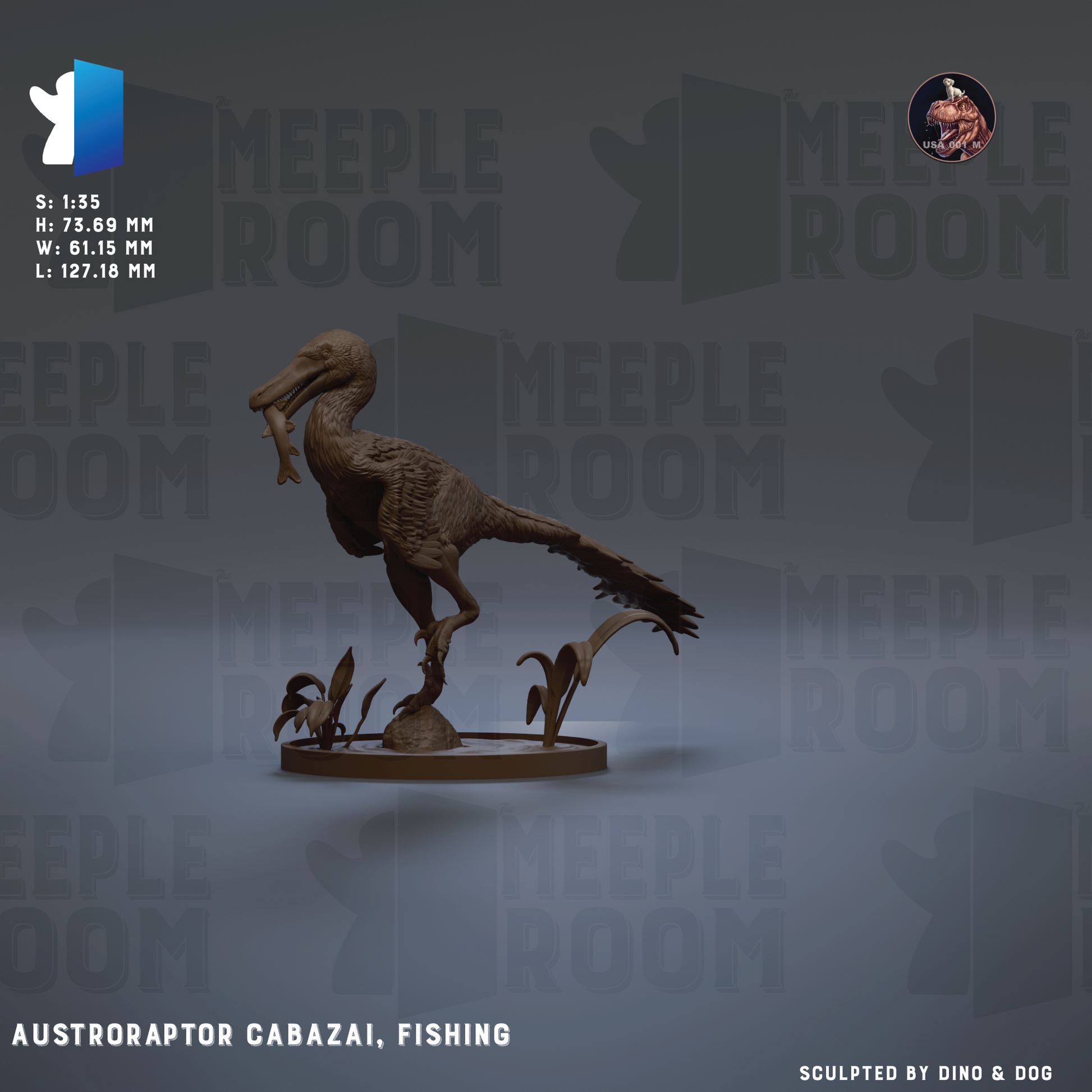 a bronze sculpture of a dinosaur, specifically an Avestroaptor, which is a type of dinosaur known for its fishing abilities. The sculpture is displayed on a stand and is the main focus of the image.