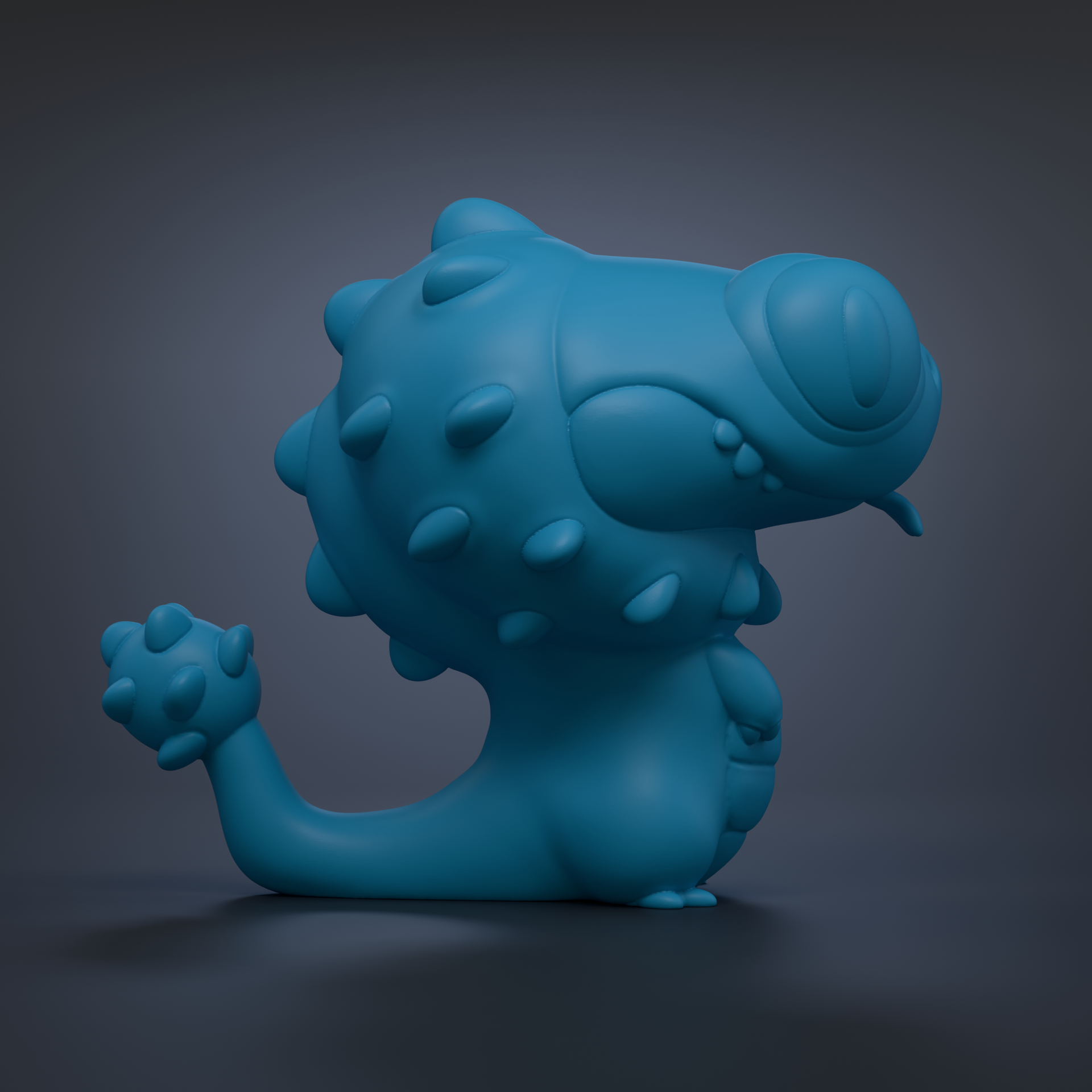 A blue, spiky, cartoon-like creature with a large head and a small body, sitting on its hind legs against a dark background.