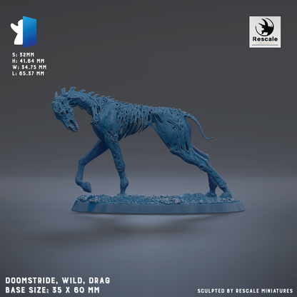 a blue, skeletal-looking creature resembling a dragon or wild animal, with a rough, textured appearance. The creature is standing on a base that is described as a size of 35 x 60 mm. The image is a sculpture, and it is created by Rescale miniatures.