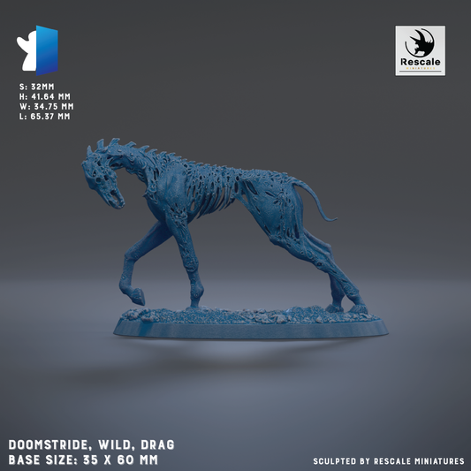 a blue, skeletal-looking creature resembling a dragon or wild animal, with a rough, textured appearance. The creature is standing on a base that is described as a size of 35 x 60 mm. The image is a sculpture, and it is created by Rescale miniatures.