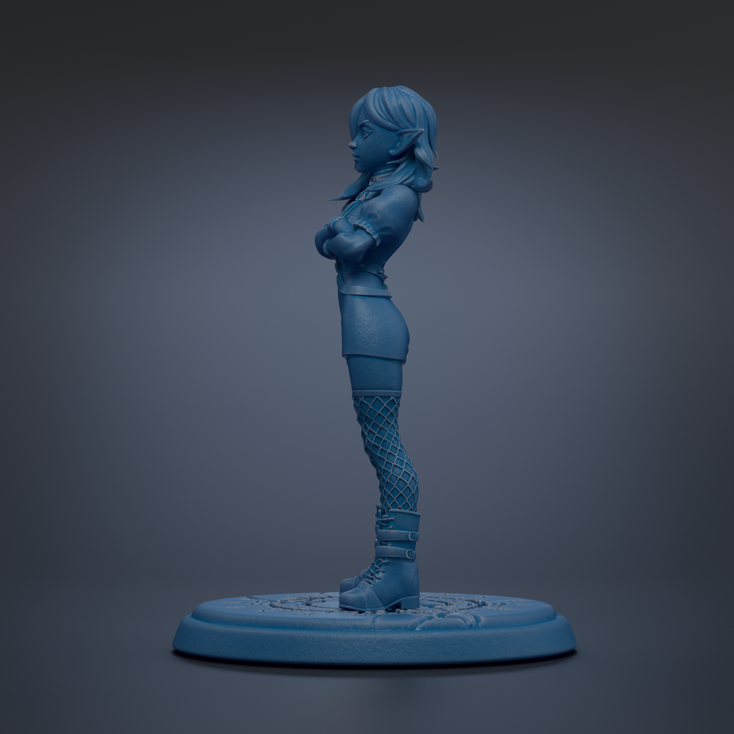 A blue figurine of a person standing with arms crossed, wearing a skirt and boots, on a blue base.