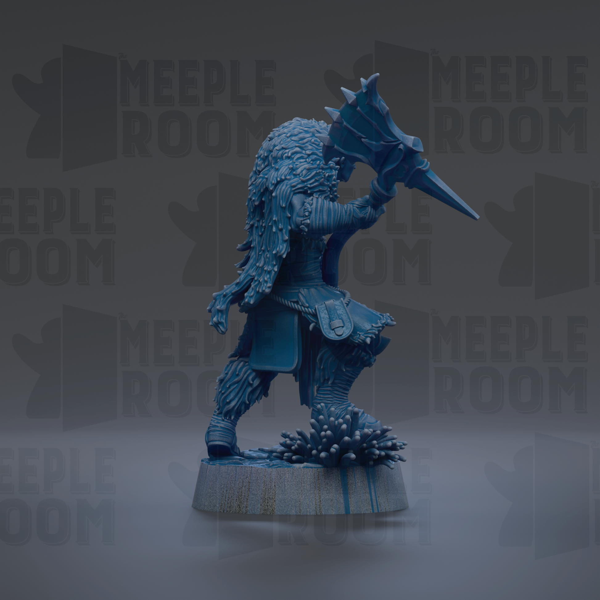 A 3D rendering of a blue, furry creature with a large weapon in its hand, standing on a platform.