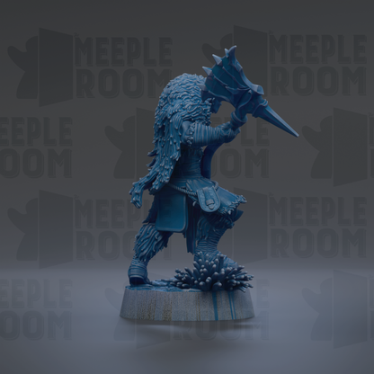 A 3D rendering of a blue, furry creature with a large weapon in its hand, standing on a platform.