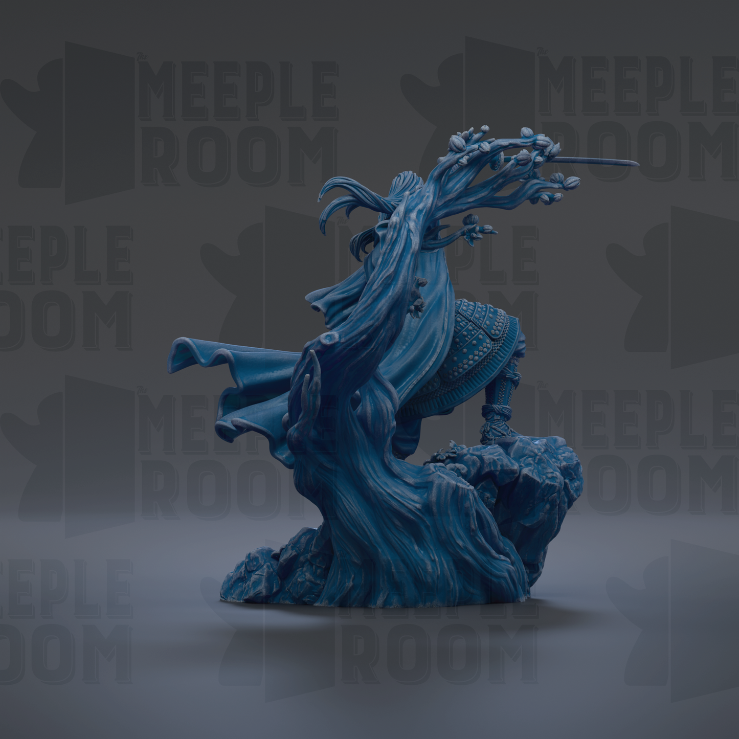 A blue, flowing sculpture of a figure with a long, flowing cape and a sword, set against a dark background with repeated text.