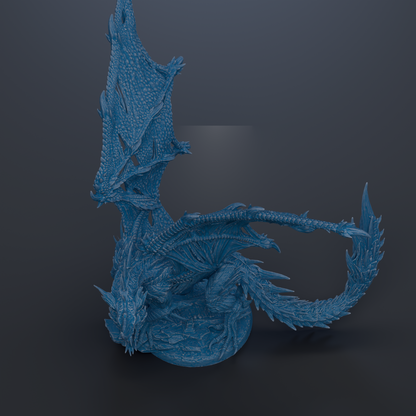 A detailed 3D rendering of a blue dragon-like creature with intricate scales and sharp teeth, standing on a rock formation.