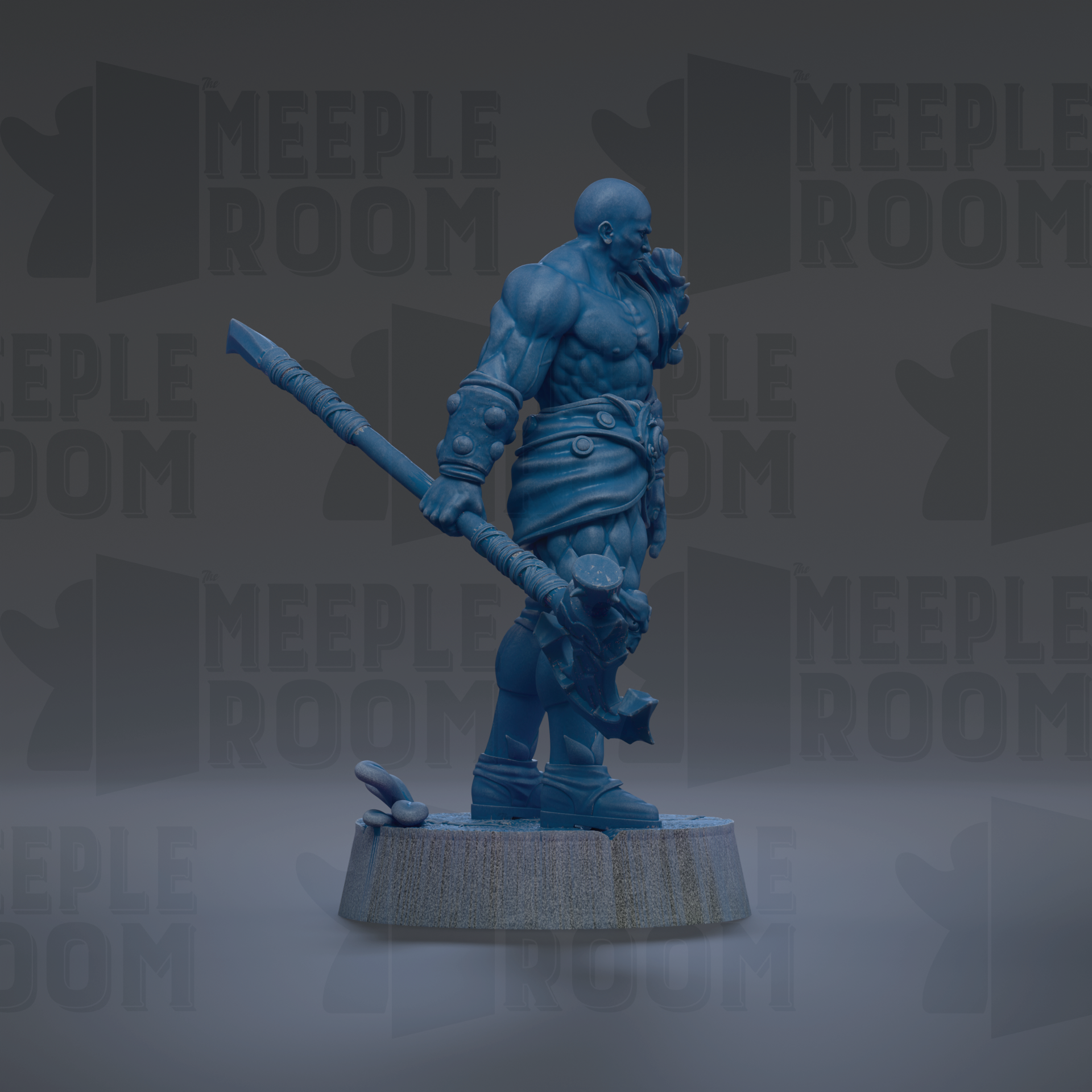 A blue figurine of a muscular warrior standing on a pedestal, holding a weapon.