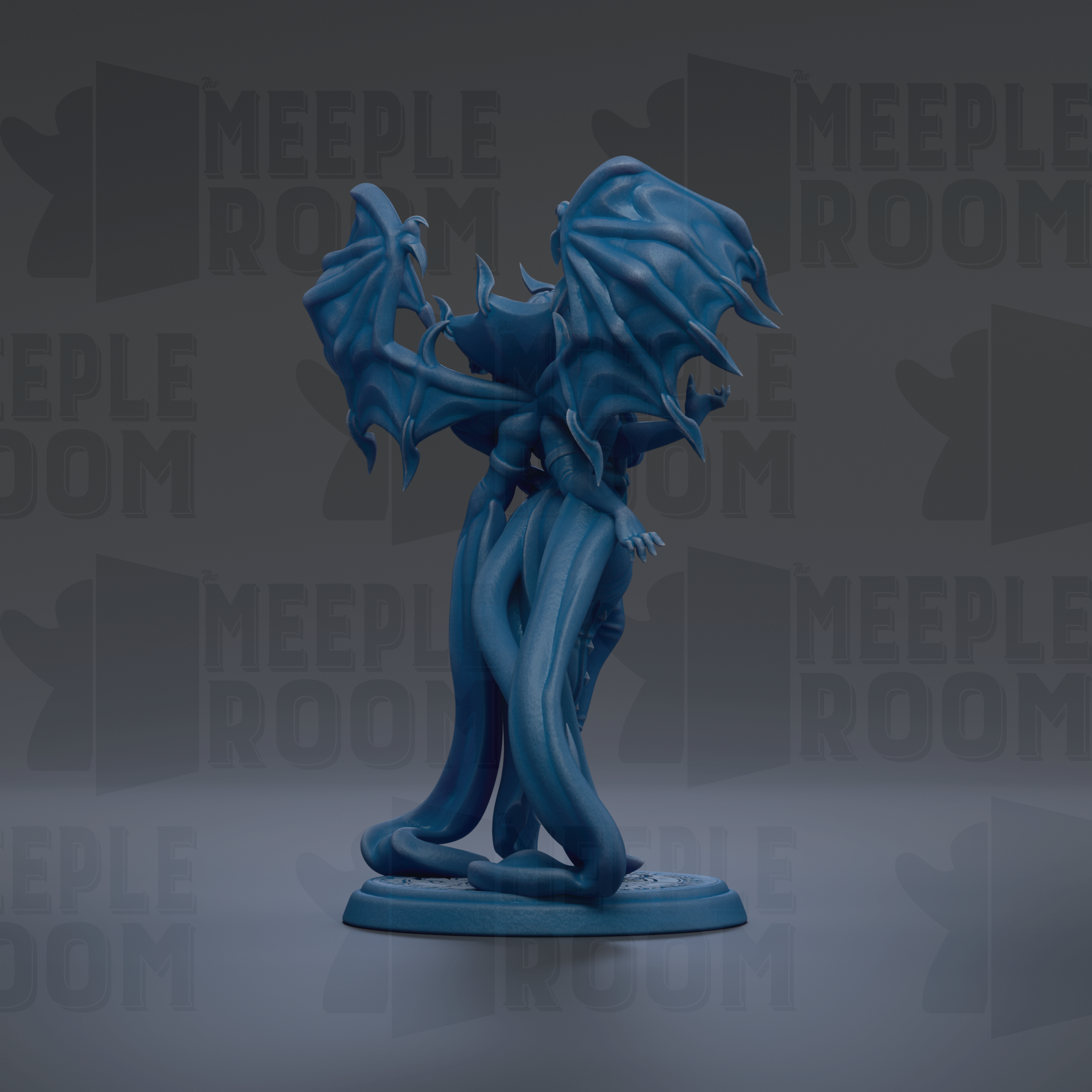 A blue, winged figurine with a long, flowing tail stands on a base against a dark background with repeated text.