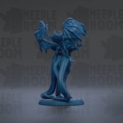 A blue, winged figurine with a long, flowing tail stands on a base against a dark background with repeated text.