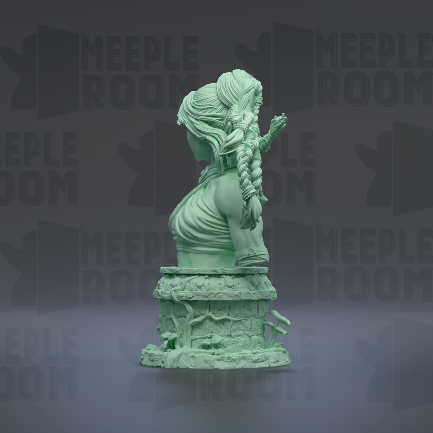A green bust sculpture of a woman with intricate braided hair and a flowing dress, set against a dark background with repeated text.