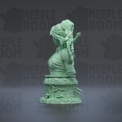 A green bust sculpture of a woman with intricate braided hair and a flowing dress, set against a dark background with repeated text.