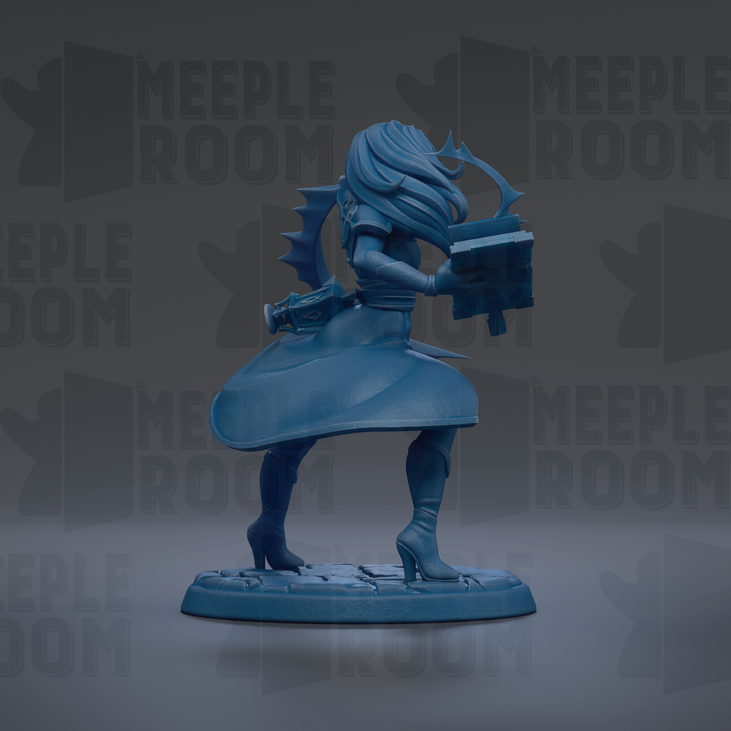 A blue figurine of a woman with flowing hair and a flowing skirt, holding a book, is the central focus of the image.