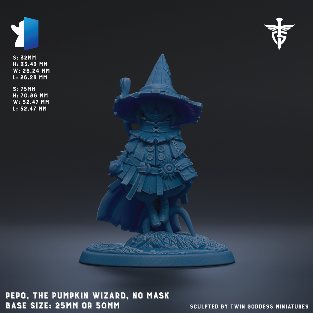 The image is a 3D rendering of a pumpkin wizard figurine, with a detailed and intricate design. The figurine is wearing a pointed hat and has a flowing cape, giving it a magical and whimsical appearance. The figurine is placed on a base that is either 25mm or 50mm in size, depending on the perspective. The image does not contain any text, and the focus is on the detailed design and appearance of the pumpkin wizard.