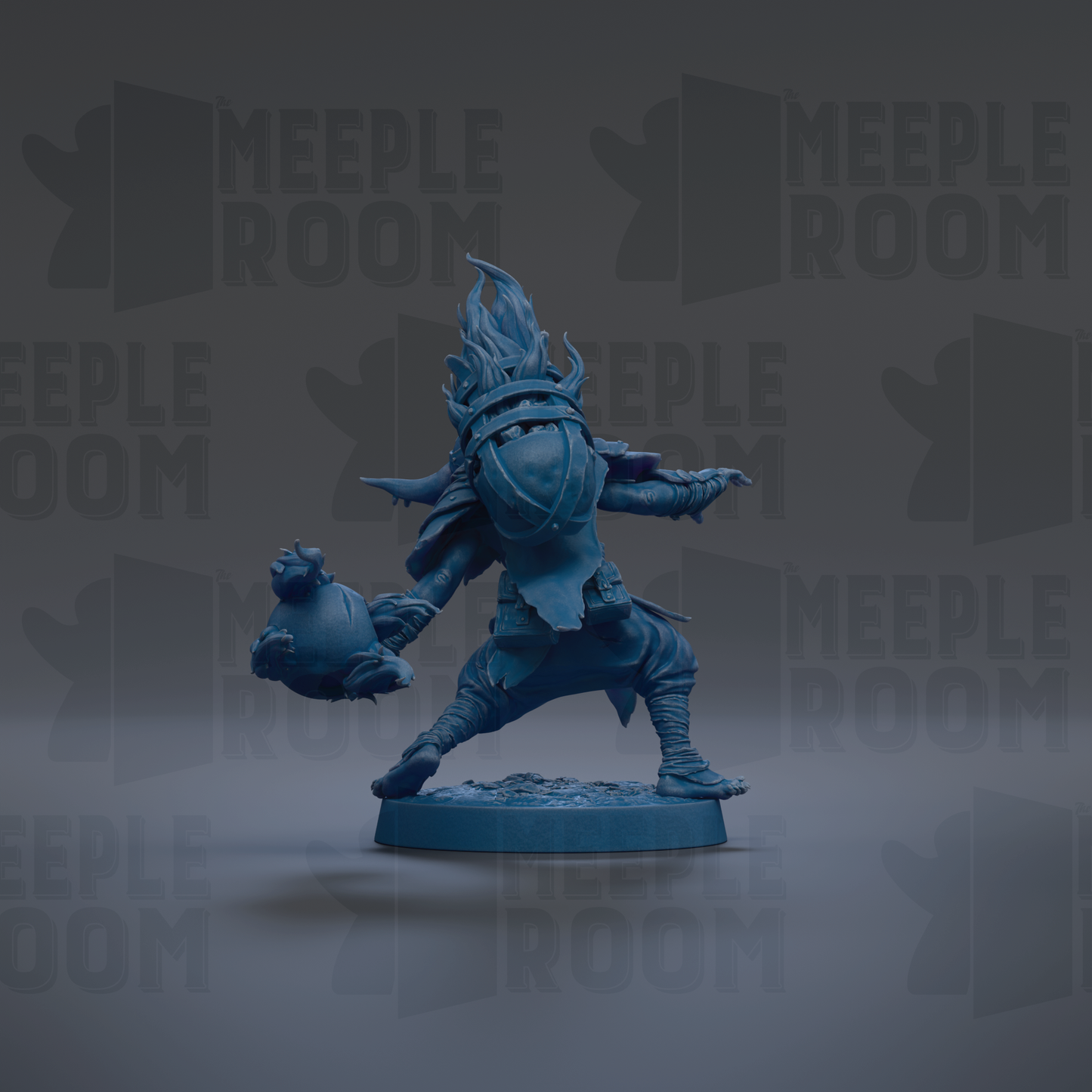 A blue figurine of a warrior-like character with a large headdress and a weapon, standing on a base against a dark background with repeated text.