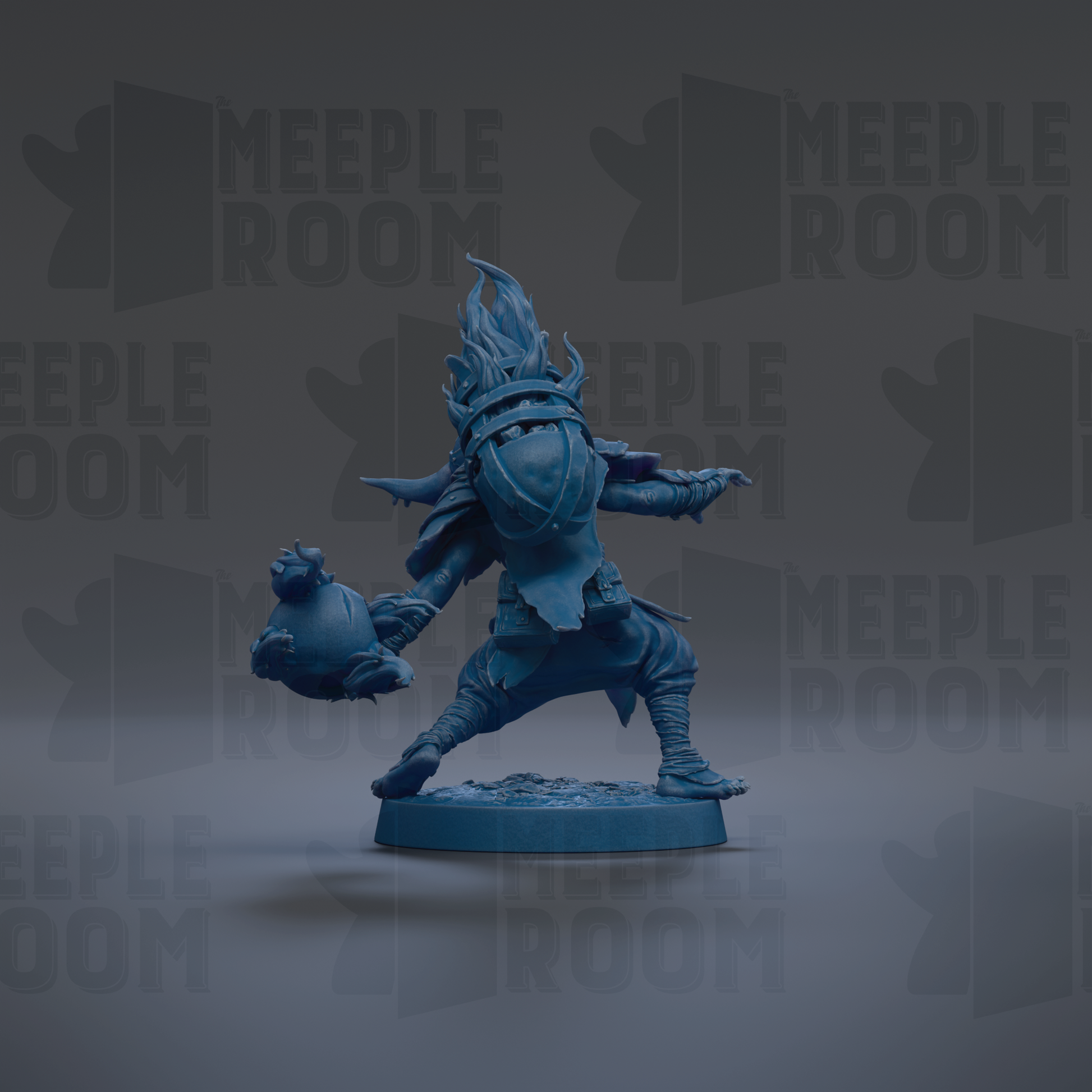 A blue figurine of a warrior-like character with a large headdress and a weapon, standing on a base against a dark background with repeated text.