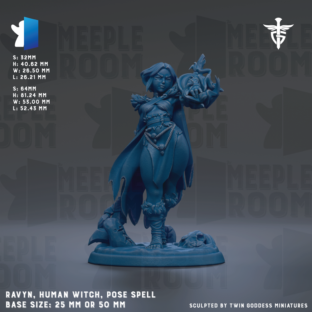 The image is a detailed model of a female character, specifically a human witch, posed in a dynamic pose with a staff and a cauldron. The character is standing on a base that is either 25mm or 50mm in size. The background of the image is a dark gray color, which contrasts with the blue color of the character and the base. The image is a sculpture, and it is displayed against a repeating pattern of the word "MEEPLE ROOM".