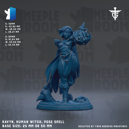 The image is a detailed model of a female character, specifically a human witch, posed in a dynamic pose with a staff and a cauldron. The character is standing on a base that is either 25mm or 50mm in size. The background of the image is a dark gray color, which contrasts with the blue color of the character and the base. The image is a sculpture, and it is displayed against a repeating pattern of the word "MEEPLE ROOM".