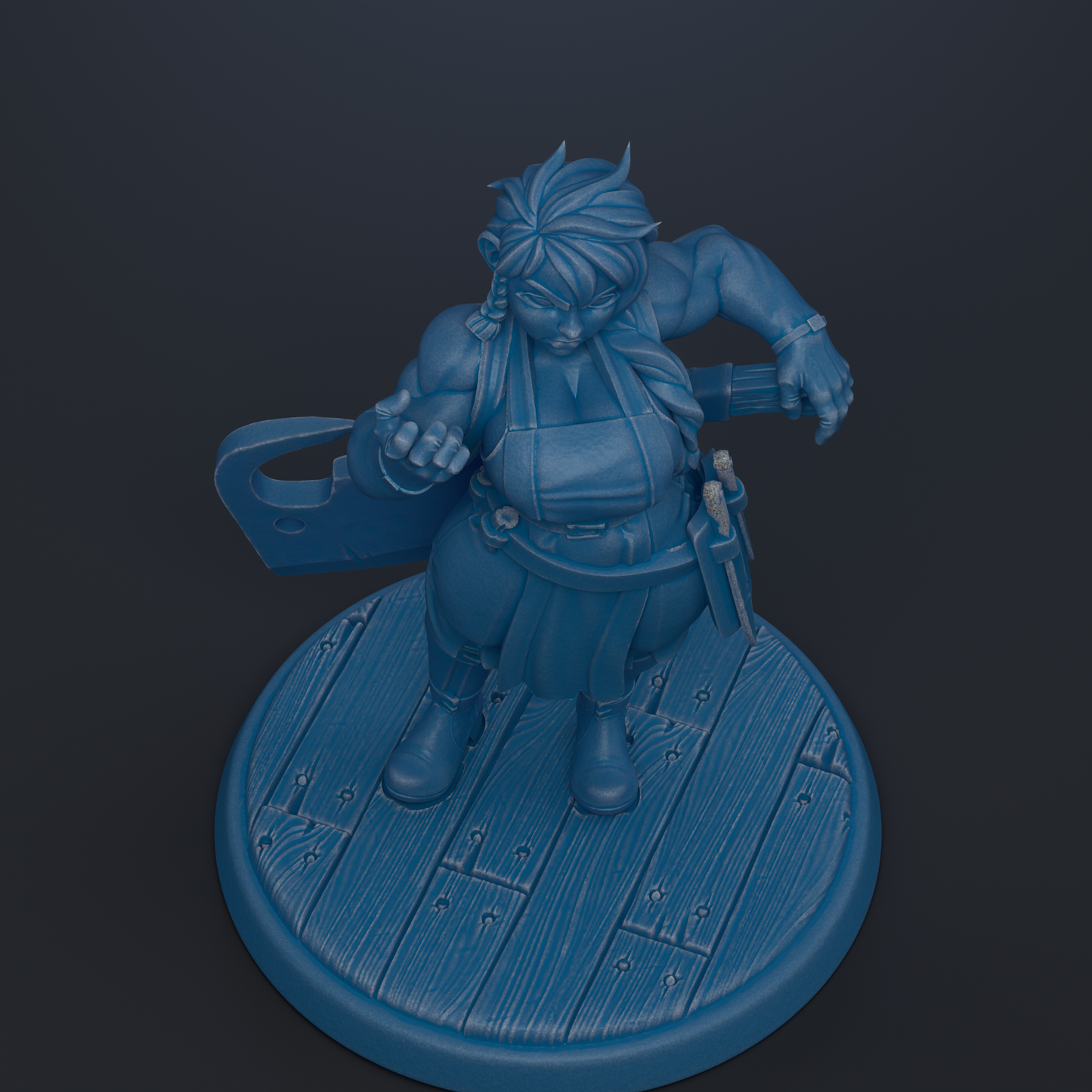 A blue figurine of a person standing on a wooden platform.