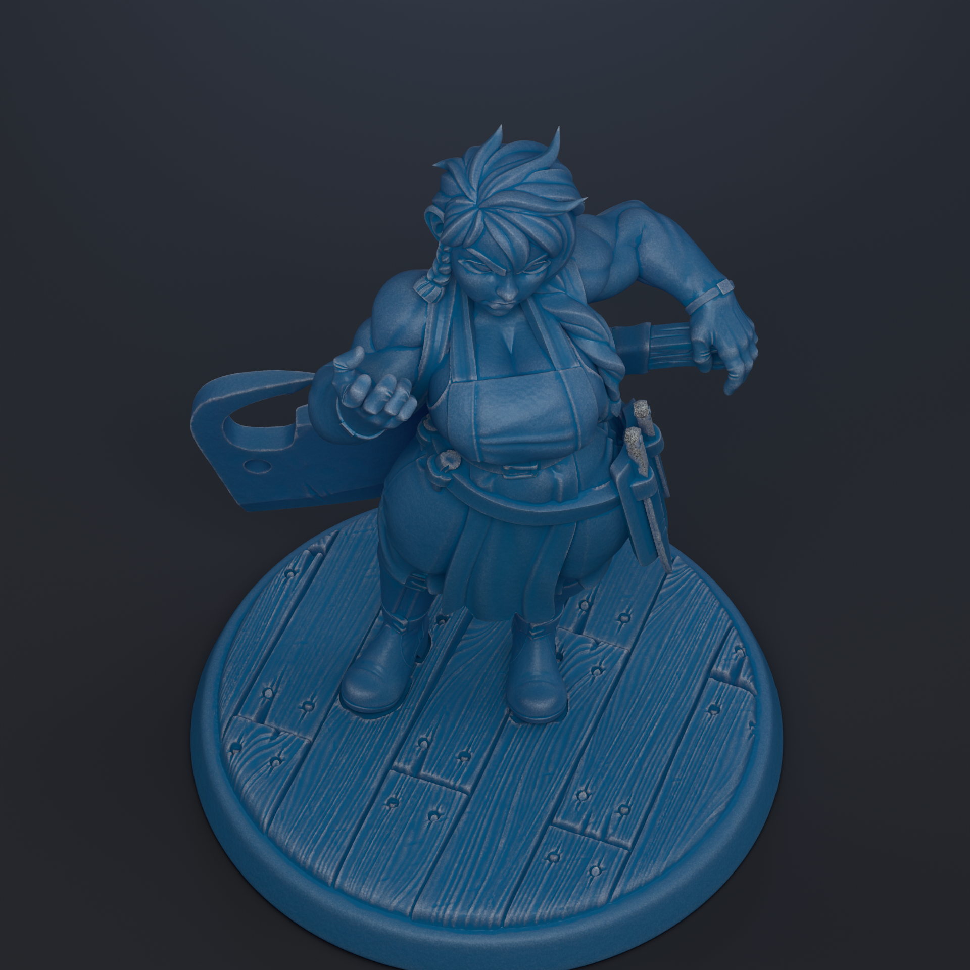 A blue figurine of a person standing on a wooden platform.