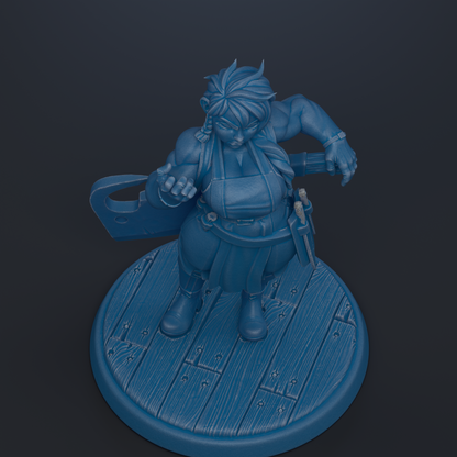 A blue figurine of a person standing on a wooden platform.