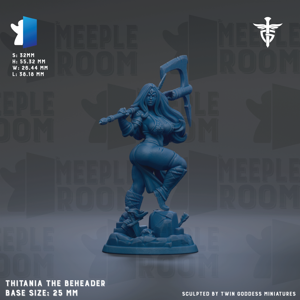 a figurine of a woman with long hair, wearing a blue outfit and holding a sword, standing on a rock formation. The figurine is described as "Thitania the Beheader" and is shown in a base size of 25mm. The background of the image is a dark gray color with the text "MELLOW ROOM" repeated multiple times.